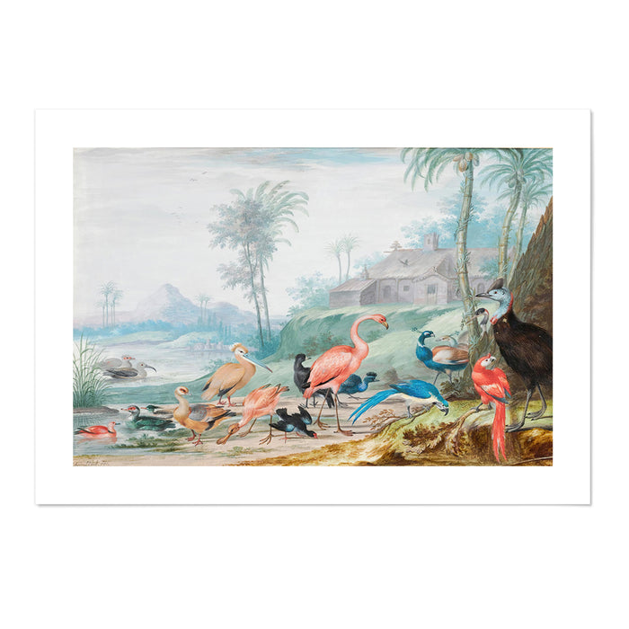 A Group Of Exotic Birds In A Landscape