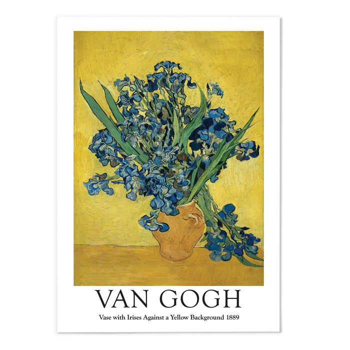 Vase with Irises Against a Yellow Background Text Version